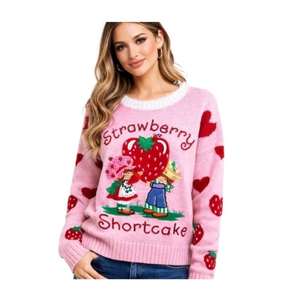 NWT Strawberry Shortcake Women's Pink Embroidered Sweater Sz S